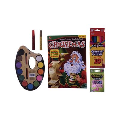 Santa Jumbo Coloring and Painting Activity Christmas Gift Craft Book, 12-Piece Water Paint Palette, 10 Colored Pencils, 8 Fluorescent Colors, 2 Glitter Glue With Self-Sealing Gift Bag for All Kids