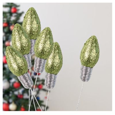 Factory Direct Craft Glittered Light Green Fake Light Bulb Stems Set of 6 for Christmas Tree Decorating and Floral Arrangement Accents