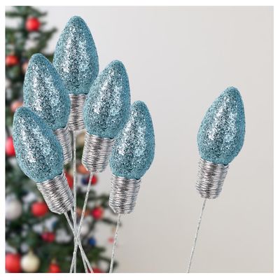 Factory Direct Craft Glittered Light Blue Fake Light Bulb Stems Set of 6 for Christmas Tree Decorating and Floral Arrangement Accents