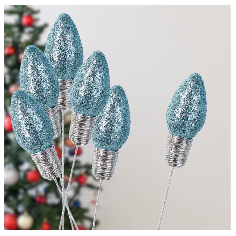 Factory Direct Craft Glittered Light Blue Fake Light Bulb Stems Set of 6 for Christmas Tree Decorating and Floral Arrangement Accents