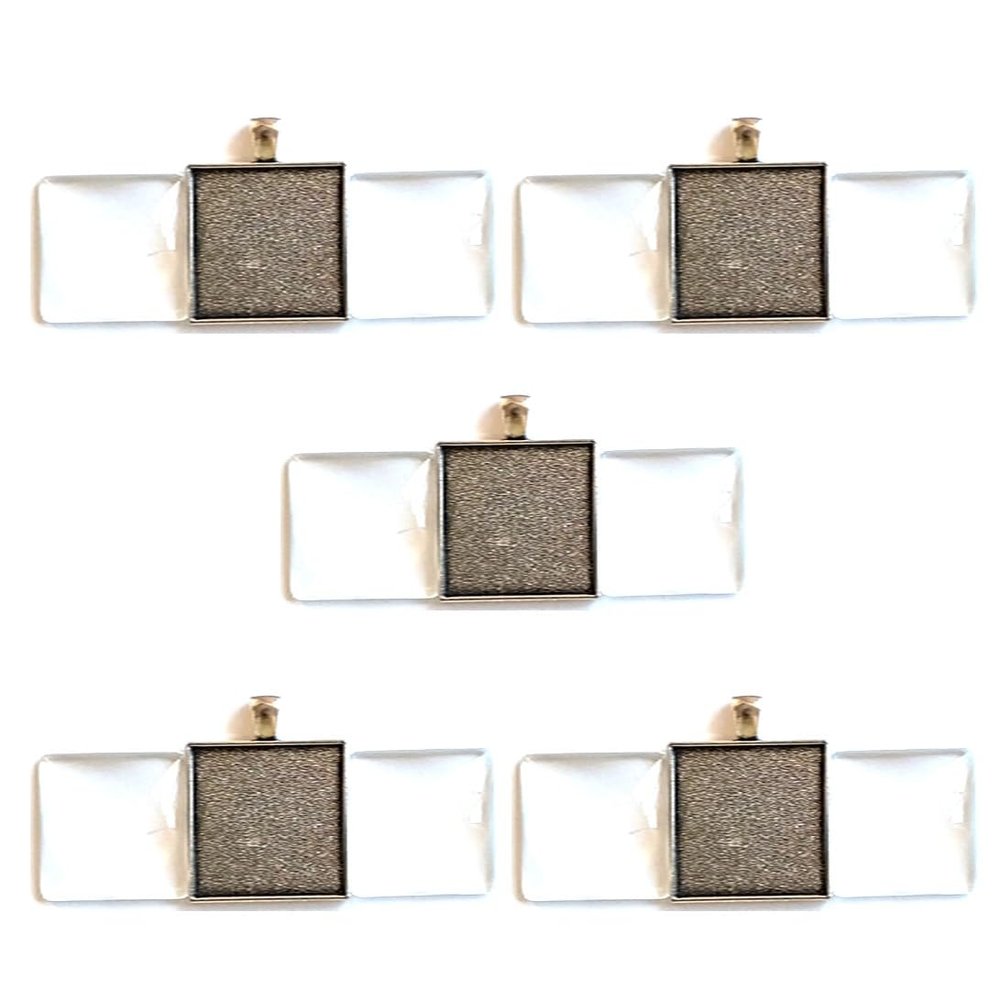 5 Qty 25mm Square Double Sided - Antique Silver - DIY Blank Cabochon Pendant Tray with 10 Qty Glass Kit - Deannas Supply Shop LLC