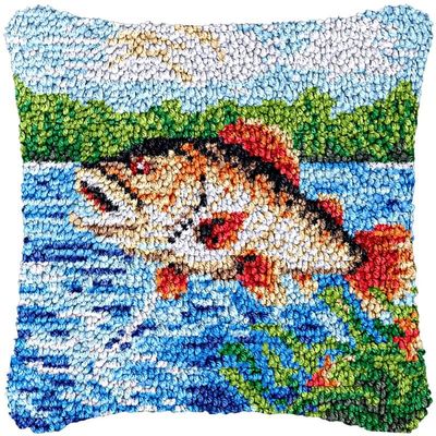 Latch Hook Pillowcase Kits Fishing Fish Latch Hook kit Pillow Cover Adukt Pillow Embroidery Craft Kits for Beginner DIY Latch Hook Rug Kit with Printed Canvas Christmas Decoration 43x43cm(52)