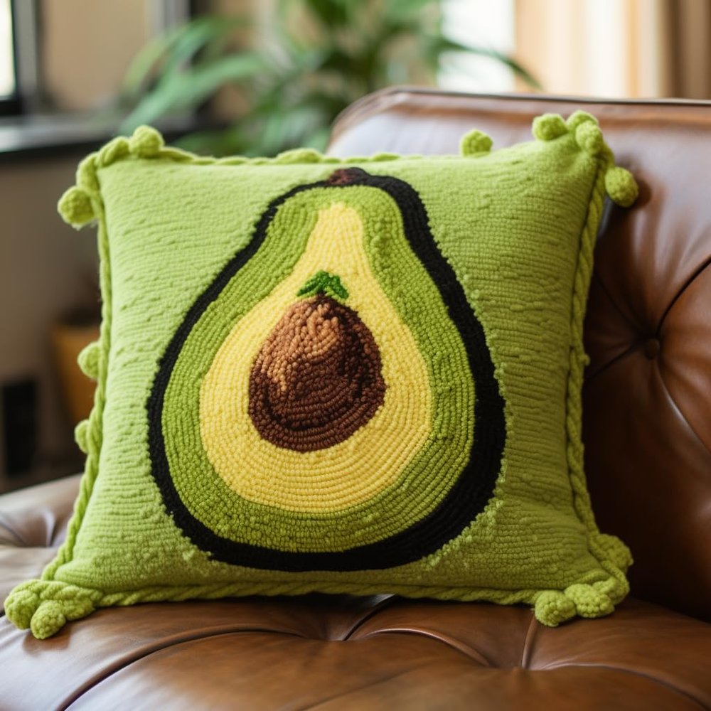Green Avocado Latch Hook Pillow Kit for Adults DIY Throw Pillow Cover with Printed Canvas Crochet Yarn Needle Craft Easy Handmade Cushion for Home Sofa Decoration 43x43cm(2)
