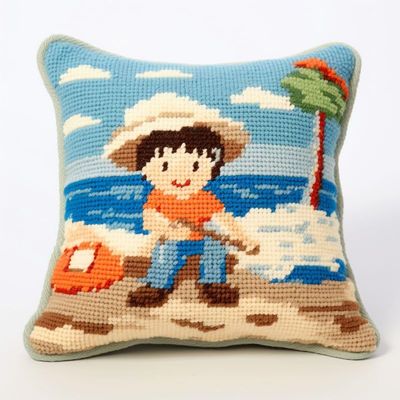 Latch Hook Pillowcase Kits Seaisde Boy Latch Hook kit Pillow Cover Adukt Pillow Embroidery Craft Kits for Beginner DIY Latch Hook Rug Kit with Printed Canvas Christmas Decoration 43x43cm