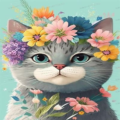 RMSGOZO Floral Gray Cat Diamond Painting Kits for Adluts - Cartoon Animal Diamond Painting, Chic Full Circle Crystal Dot Diamond Kit, for Room Decor Club Decor Or Gifts 20X24 Inches