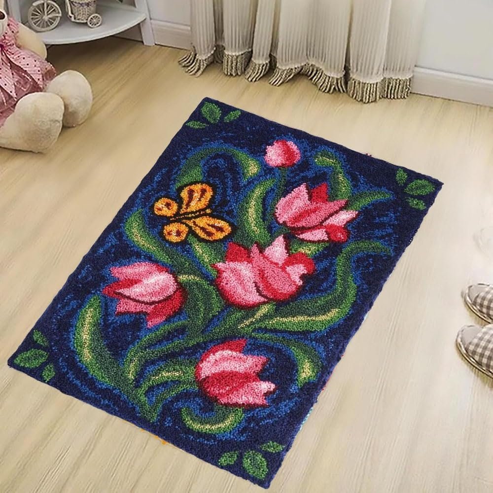 JILIP Latch Hook Kits for Adults, Flowers DIY Floor Mats Rug Making Kits with Printed Canvas Crafts, for Beginners Home Decoration (Size : 52 * 38CM/20 * 15")