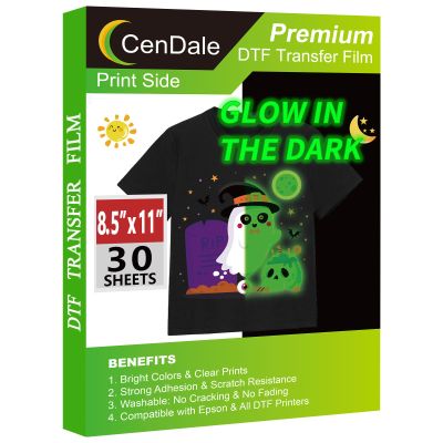CenDale Glow in The Dark DTF Film - 8.5"x11" 30 Sheets Glow in The Dark DTF Transfer Film for Dark/Light T Shirt Textile, Luminous Green Premium Direct to Film DTF Paper Cold Peel DTF Transfer Sheets