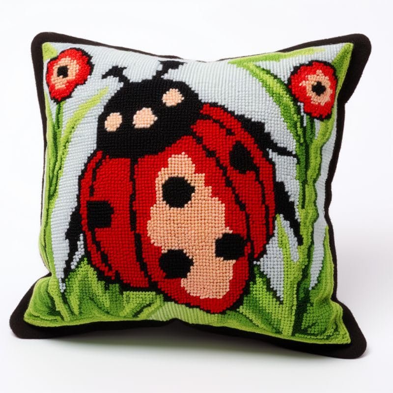 Latch Hook Pillowcase Kits Ladybird & Flowers Latch Hook kit Pillow Cover Throw Pillow Embroidery Craft Kits for Beginner DIY Latch Hook Rug Kit with Printed Canvas Christmas Decoration 43x43cm(l83)