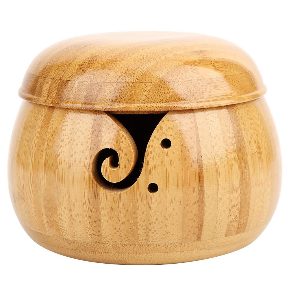 Nachukan Bamboo Yarn Bowl with Removable Lid - Wool Yarn Holder for Knitting & Crocheting, Bamboo Yarn Storage Bowl for Crafting
