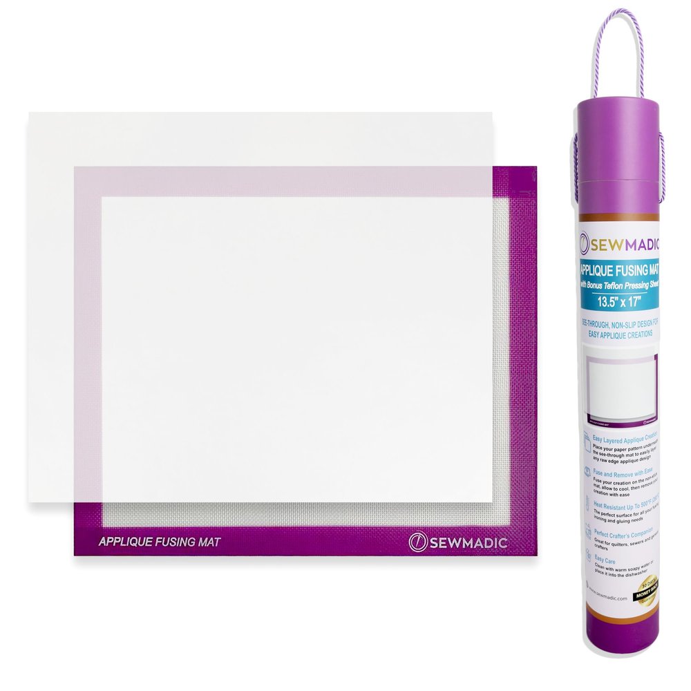 Applique Fusing Mat 13.5"x17" (34cm x 43cm) with Bonus Applique Pressing Sheet and Handy Storage Tube - A Great Silicone Mat and Applique Teflon Sheet for Arts and Fusible Web Fabric Crafts