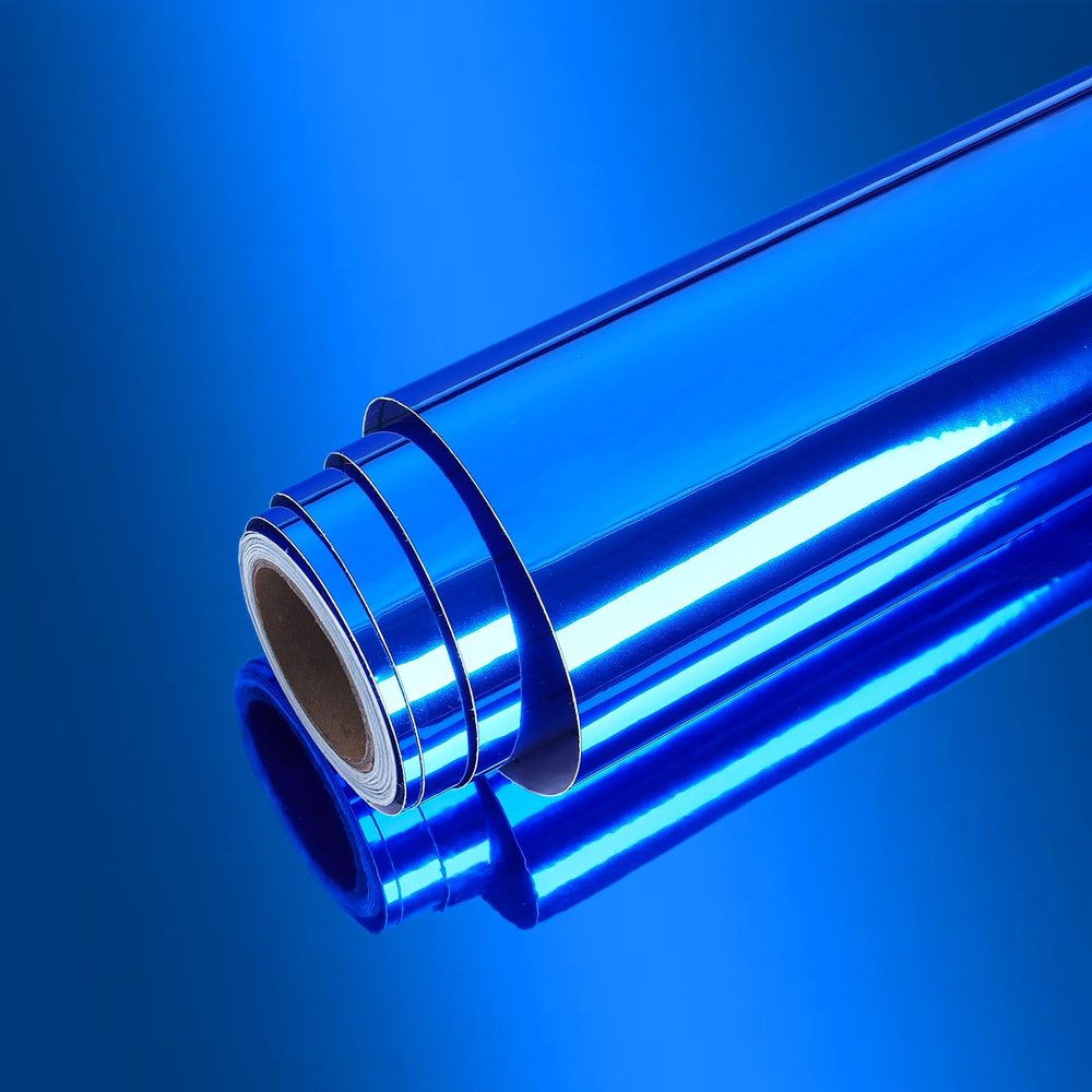 VEELIKE 15.7''x118'' Glossy Blue Metallic Vinyl Wallpaper Peel and Stick Non Glass Reflective Blue Mirror Vinyl Roll Adhesive Chrome Vinyl Sticker for Crafts Car Decals Cabinet Walls Home Decor