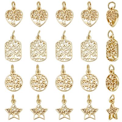 Beebeecraft 1 Box 24Pcs 4Styles Tree of Life Charms 18K Gold Plated Hollow Flat Round Pentagram Rectangle Heart Shape Charms Pendant with Jump Ring for DIY Making Crafts Necklace Bracelet Hole 3mm