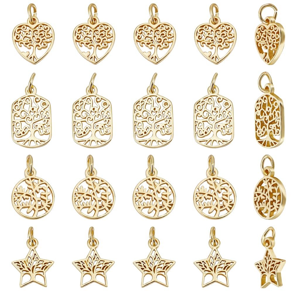 Beebeecraft 1 Box 24Pcs 4Styles Tree of Life Charms 18K Gold Plated Hollow Flat Round Pentagram Rectangle Heart Shape Charms Pendant with Jump Ring for DIY Making Crafts Necklace Bracelet Hole 3mm