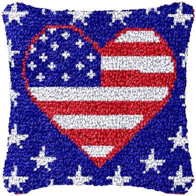 American Flag Heart Beginner Latch Hook Kits Pillow Making Sofa Cushion Cover Latch Hook Carpet Rug Acrylic Yarn,Pillowcase Craft Kits with Printed Canvas for Starter Kids Adults - 17 x 17 Inch