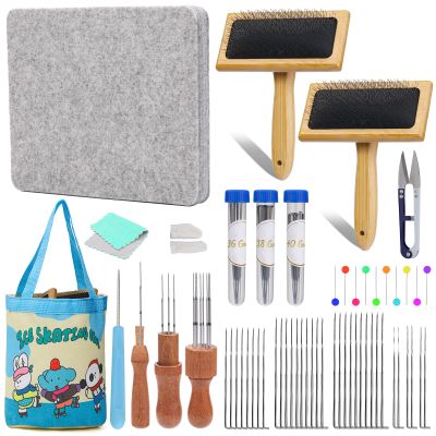 SOCNITC Needle Felting Kit Tools, 10"x 8" Felting Pad,Wooden Wool Carders, 34 Pcs Felting Needles, Felt Kit Supplies Include Storage Bag for Beginners DIY Wool Craft