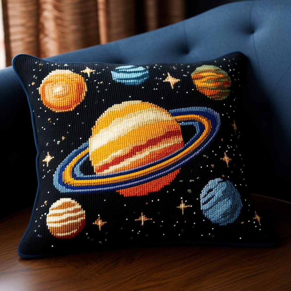 Planet Night Space Latch Hook Pillow Kit for Adults Throw Pillow Cover with Printed Canvas Hook Crochet Yarn Needle Craft Easy Handmade Cushion for Home Sofa Decoration 43x43cm(6)