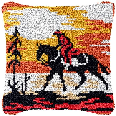 Western Cowboy Riding Horse Latch Hook Pillow Kit for Adults Throw Pillow Cover with Printed Canvas Hook Crochet Yarn Needle Craft Easy Handmade Cushion for Sofa Decoration 43x43cm(2)