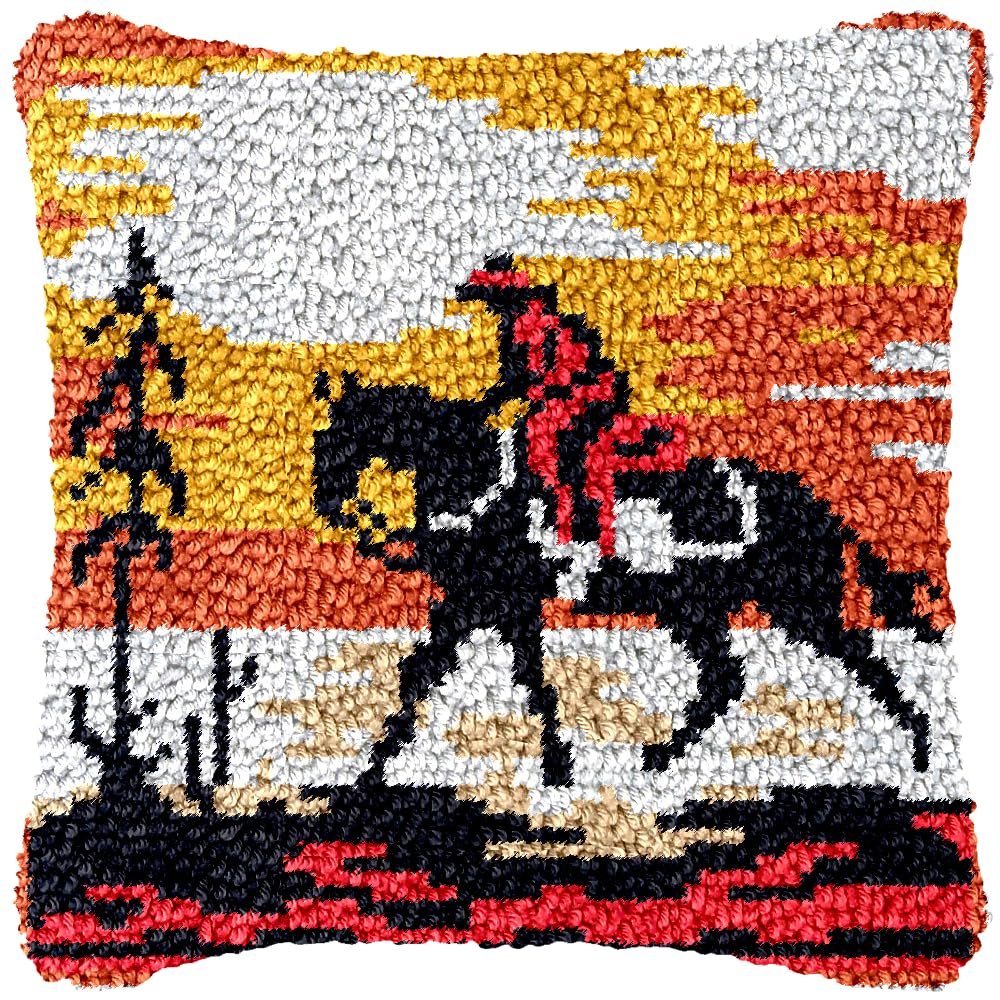 Western Cowboy Riding Horse Latch Hook Pillow Kit for Adults Throw Pillow Cover with Printed Canvas Hook Crochet Yarn Needle Craft Easy Handmade Cushion for Sofa Decoration 43x43cm(2)