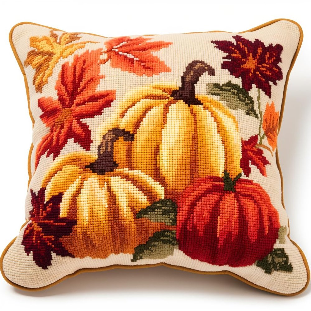 Autumn Maple Leaves Pumpkin Latch Hook Pillow Kit for Adults Throw Pillow Cover with Printed Canvas DIY Hook Crochet Yarn Needle Craft Easy Handmade Cushion for Decoration 43x43cm(7)