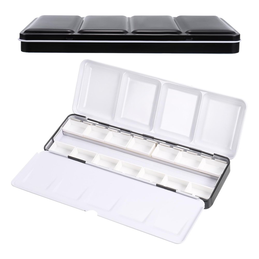 PATIKIL Empty Watercolor Palette, Metal Watercolor Tin with 14pcs Full Pans Paint Case with Lid Paint Box for Travel Gouache Oil Painting, Black 14 Wells
