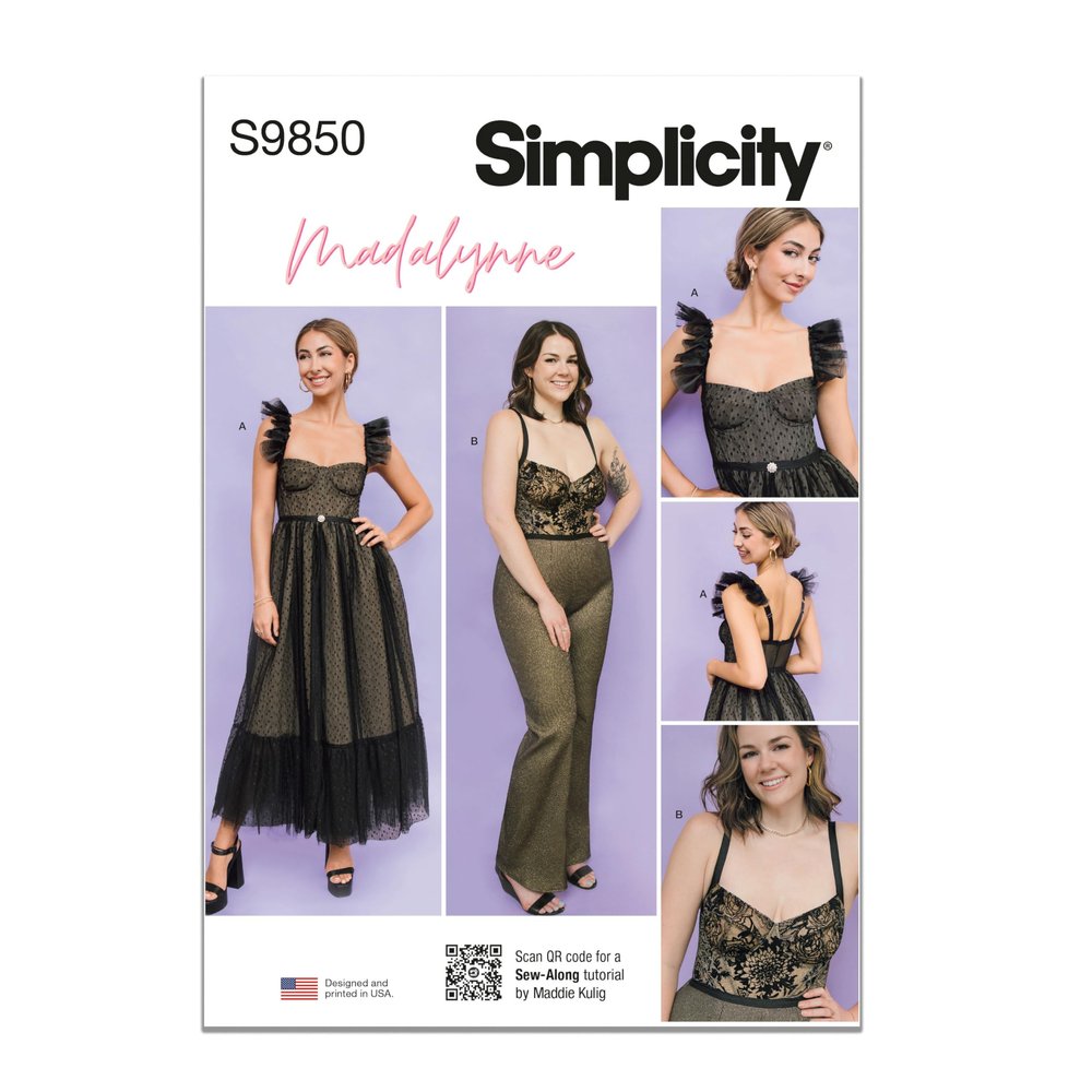 Simplicity SS9850AA Misses' and Women's Corseted Top Dress and Jumpsuit Sewing Pattern Packet by Madalynne Intimates, Design Code S9850, Sizes XS-S-M-L-XL