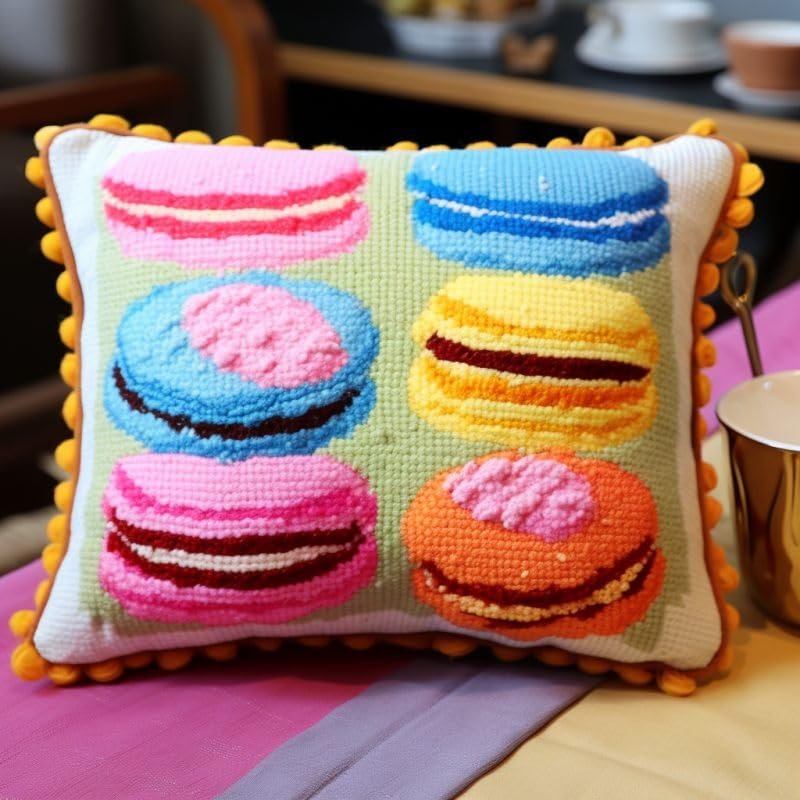 Latch Hook Pillowcase Kits Macaron Cookies Latch Hook kit Pillow Cover Throw Pillow Embroidery Craft Kits for Beginner DIY Latch Hook Rug Kit with Printed Canvas Christmas Decoration 43x43cm