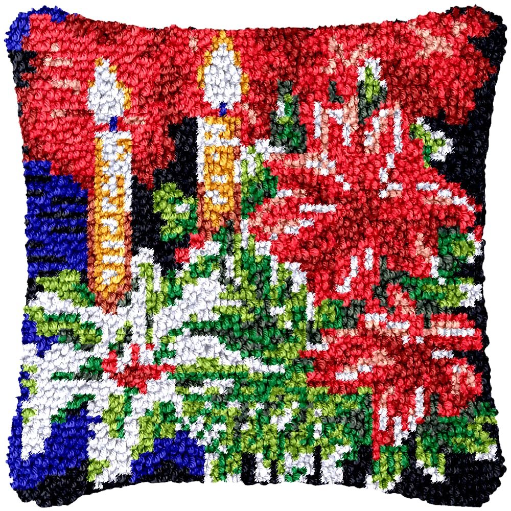 Red Christmas Flower Poinsettia Candle Latch Hook Pillow Kit for Adults Throw Pillow Cover with Printed Canvas Crochet Yarn Needle Craft Easy Handmade DIY Cushion for Decoration 43x43cm(4)