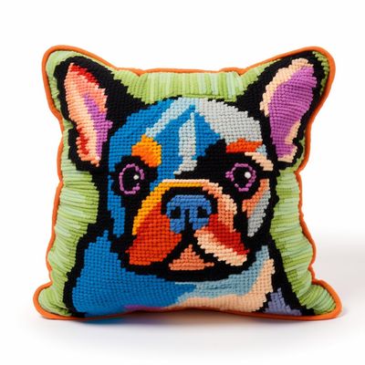 Colorful French Bulldog DIY Latch Hook Pillow Kit Easy for Adults Throw Pillow Cover with Printed Canvas Crochet Yarn Needle Craft Handmade Cushion for Home Sofa Decoration 43x43cm(3)