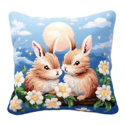 Rabbit Couple Moon DIY Latch Hook Pillow Kit Easy for Adults Throw Pillow Cover with Printed Canvas Crochet Yarn Needle Craft Handmade Cushion for Easter Decoration 43x43cm