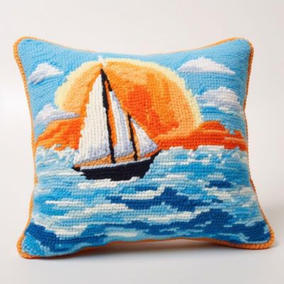 Latch Hook Kits Square Pillowcase Kits Sailing Ship Latch Hook Cushion Pillow Cover Embroidery Craft Kits for Beginner DIY Latch Hook Rug Kit with Printed Canvas Hobby & Craft 43x43cm(a-7)