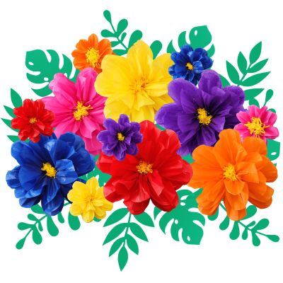 Geyee Large Mexican Tissue Paper Flowers Colorful 20" 10" Giant Fiesta Paper Pom Poms and Leaves, Crepe Flowers Decoration for Wall Backdrop Birthday Party Craft Wedding Decor(Elegant Color)