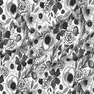 Spoonflower Fabric - Bohemian Bouquet Black White Flower Chic Floral Paint Monochrome Printed on Denim Fabric by The Yard - Bottomweight Apparel Home Decor Upholstery