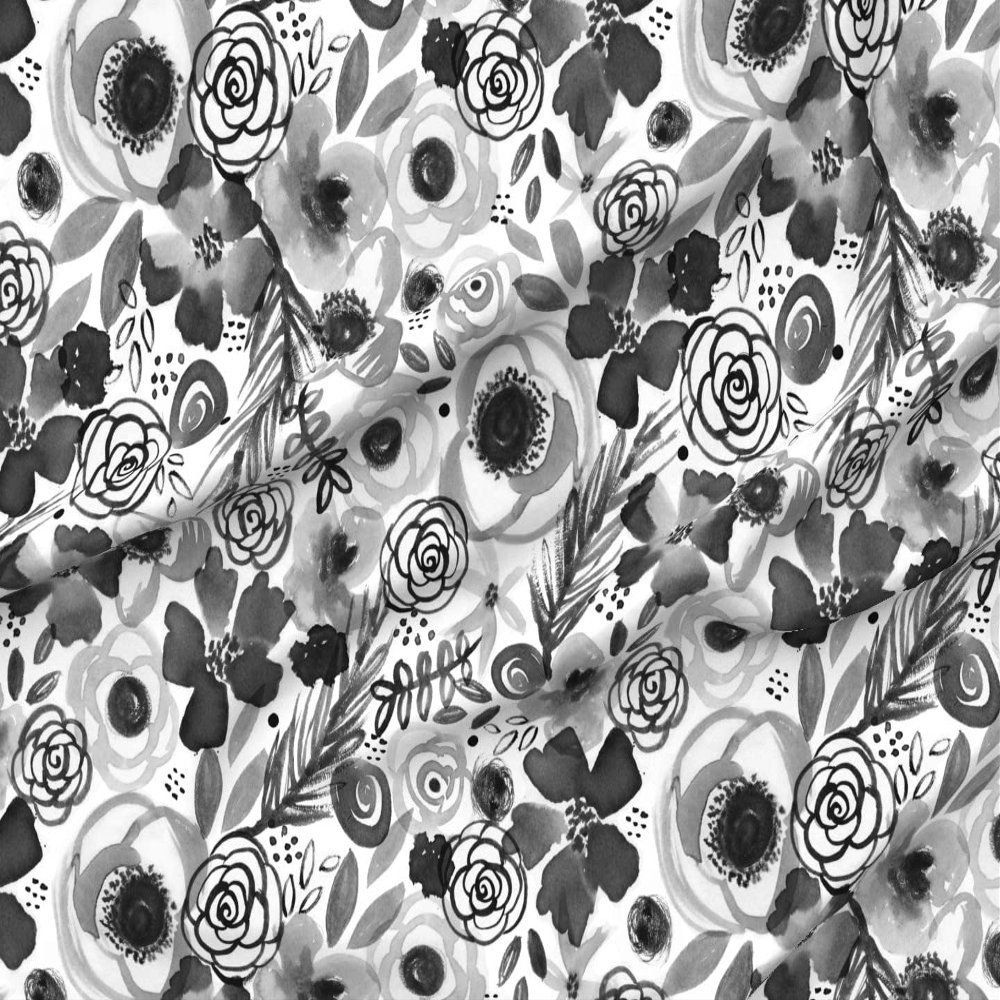 Spoonflower Fabric - Bohemian Bouquet Black White Flower Chic Floral Paint Monochrome Printed on Denim Fabric by The Yard - Bottomweight Apparel Home Decor Upholstery