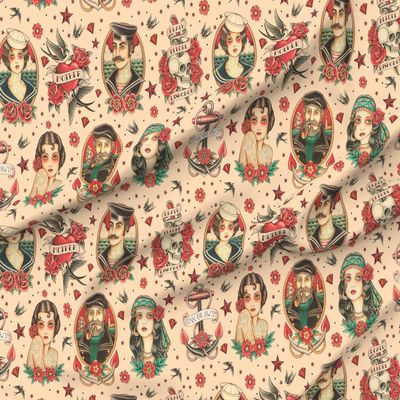 Spoonflower Fabric - Old School Vintage Tattoo Beige Large Classic Skulls Anchor Sailor Printed on Minky Fabric by The Yard - Sewing Baby Blankets Quilt Backing Plush
