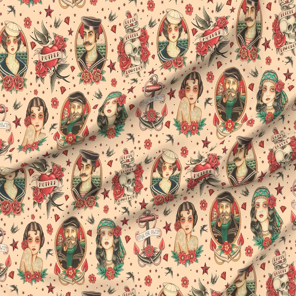 Spoonflower Fabric - Old School Vintage Tattoo Beige Large Classic Skulls Anchor Sailor Printed on Minky Fabric by The Yard - Sewing Baby Blankets Quilt Backing Plush