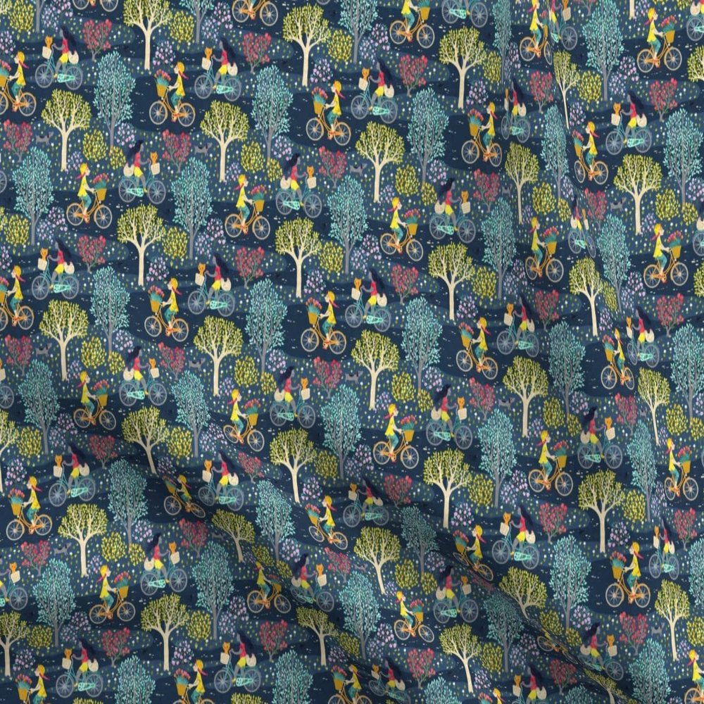 Spoonflower Fabric - Cycling Bicycle Bike Night Garden Park Girls Flowers Spring Printed on Polartec(R) Fleece Fabric Fat Quarter - Sewing Blankets Loungewear and No-Sew Projects