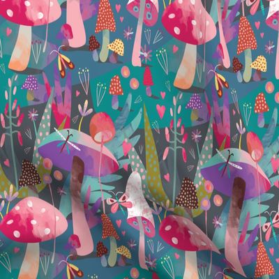 Spoonflower Fabric - Mushroom Forest Butterflies Purple Woods Mushrooms Printed on Polartec(R) Fleece Fabric Fat Quarter - Sewing Blankets Loungewear and No-Sew Projects