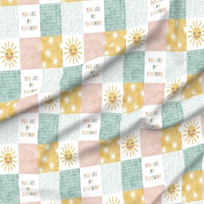 Spoonflower Fabric - Sunshine Patchwork Wholecloth Quilt Topper Cheater Blush Pink Mustard Printed on Polartec(R) Fleece Fabric by The Yard - Sewing Blankets Loungewear and No-Sew