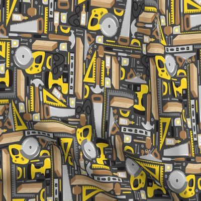 Spoonflower Fabric - Gray Yellow Wood Saw Tools Man Dad Novelty Printed on Polartec(R) Fleece Fabric Fat Quarter - Sewing Blankets Loungewear and No-Sew Projects