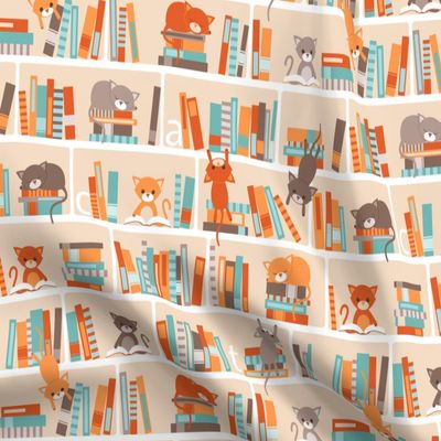 Spoonflower Fabric - Library Cats Cat Books Kitten Book Librarian Reading Kids Animals Printed on Polartec(R) Fleece Fabric Fat Quarter - Sewing Blankets Loungewear and No-Sew Projects
