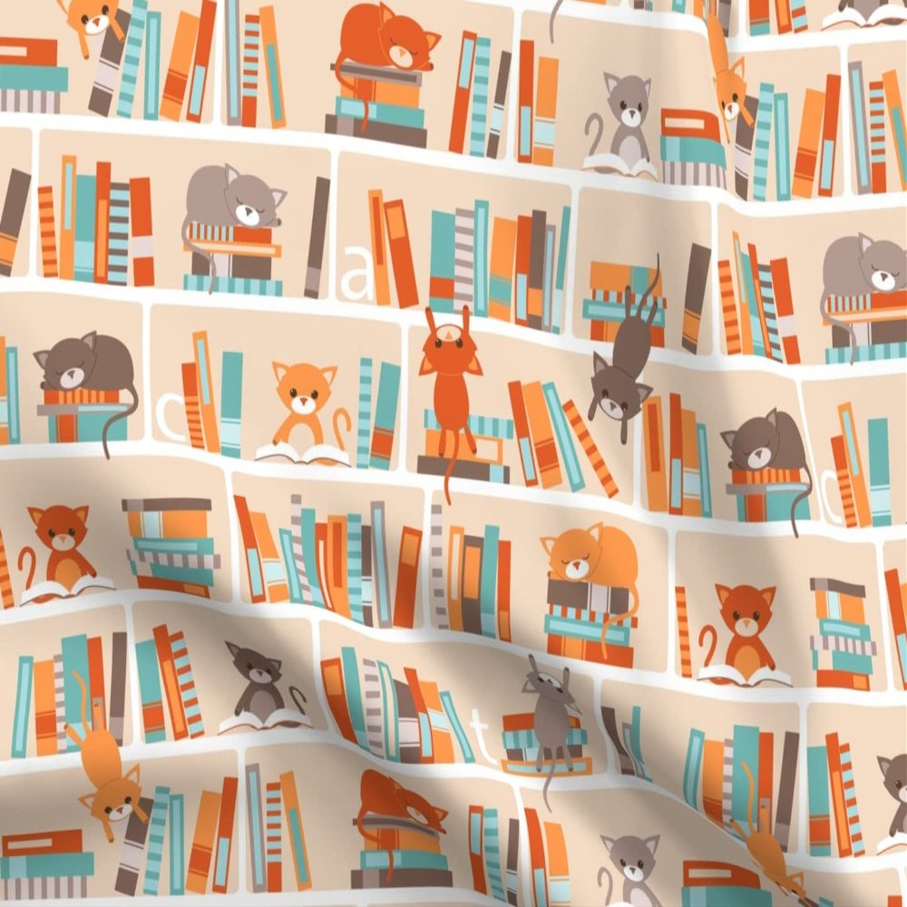 Spoonflower Fabric - Library Cats Cat Books Kitten Book Librarian Reading Kids Animals Printed on Polartec(R) Fleece Fabric Fat Quarter - Sewing Blankets Loungewear and No-Sew Projects