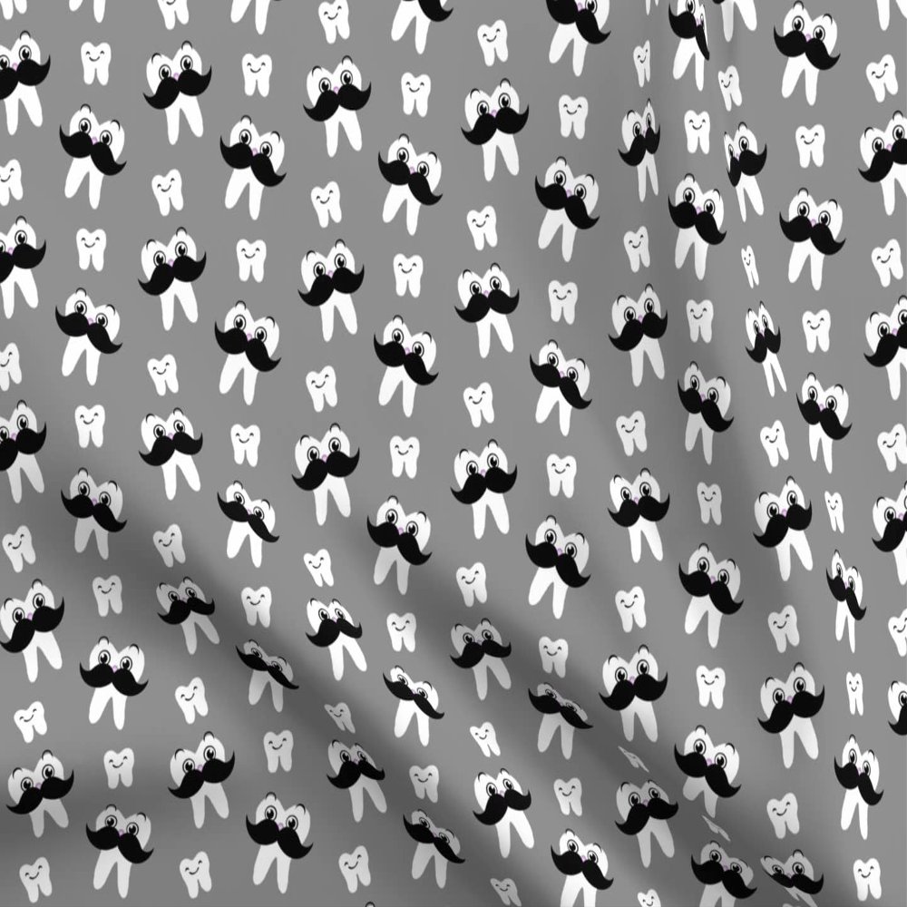 Spoonflower Fabric - Mustache Gray Tooth Teeth Smile Dental Dentist Scrubs White Toothpaste Printed on Polartec(R) Fleece Fabric Fat Quarter - Sewing Blankets Loungewear and No-Sew