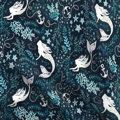 Spoonflower Fabric - Mermaid Ocean Nautical Green Turquoise Mint Seaweed Printed on Polartec(R) Fleece Fabric Fat Quarter - Sewing Blankets Loungewear and No-Sew Projects