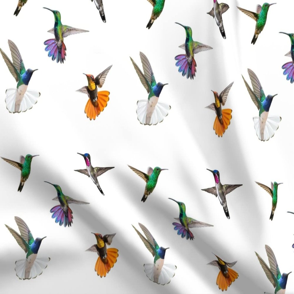 Spoonflower Fabric - Hummingbirds Large White Orange Teal Hummingbird Black Printed on Polartec(R) Fleece Fabric Fat Quarter - Sewing Blankets Loungewear and No-Sew Projects
