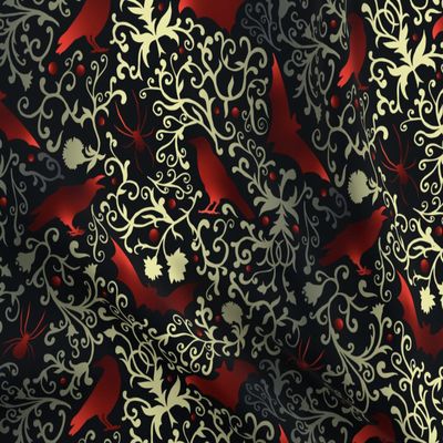 Spoonflower Fabric - Black Red Gold Dark Victorian Ravens Gothic Bats Halloween Witches Printed on Organic Cotton Sateen Fabric Fat Quarter - Sewing Quilting Apparel Home Decor