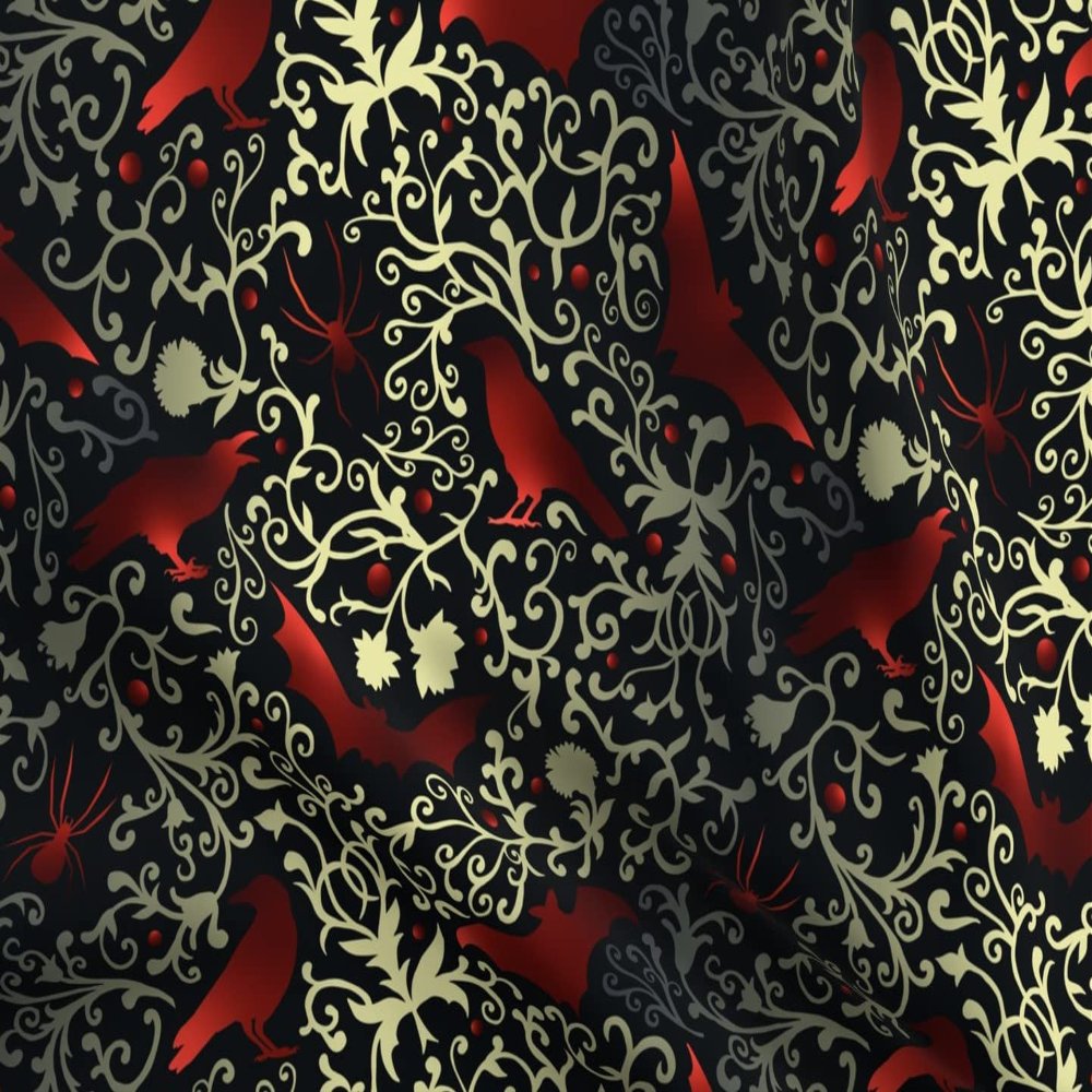 Spoonflower Fabric - Black Red Gold Dark Victorian Ravens Gothic Bats Halloween Witches Printed on Organic Cotton Sateen Fabric Fat Quarter - Sewing Quilting Apparel Home Decor