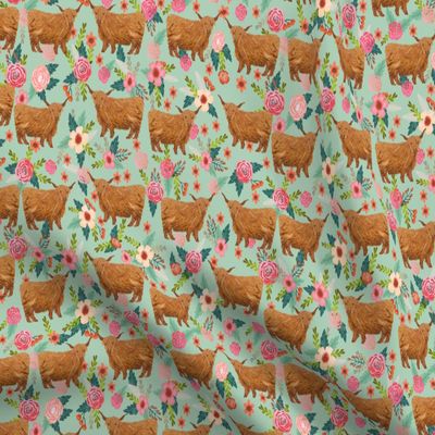 Spoonflower Fabric - Large Highland Cattle Floral Cow Cows Farm Florals Scotland Animals Printed on Polartec(R) Fleece Fabric Fat Quarter - Sewing Blankets Loungewear and No-Sew Projects