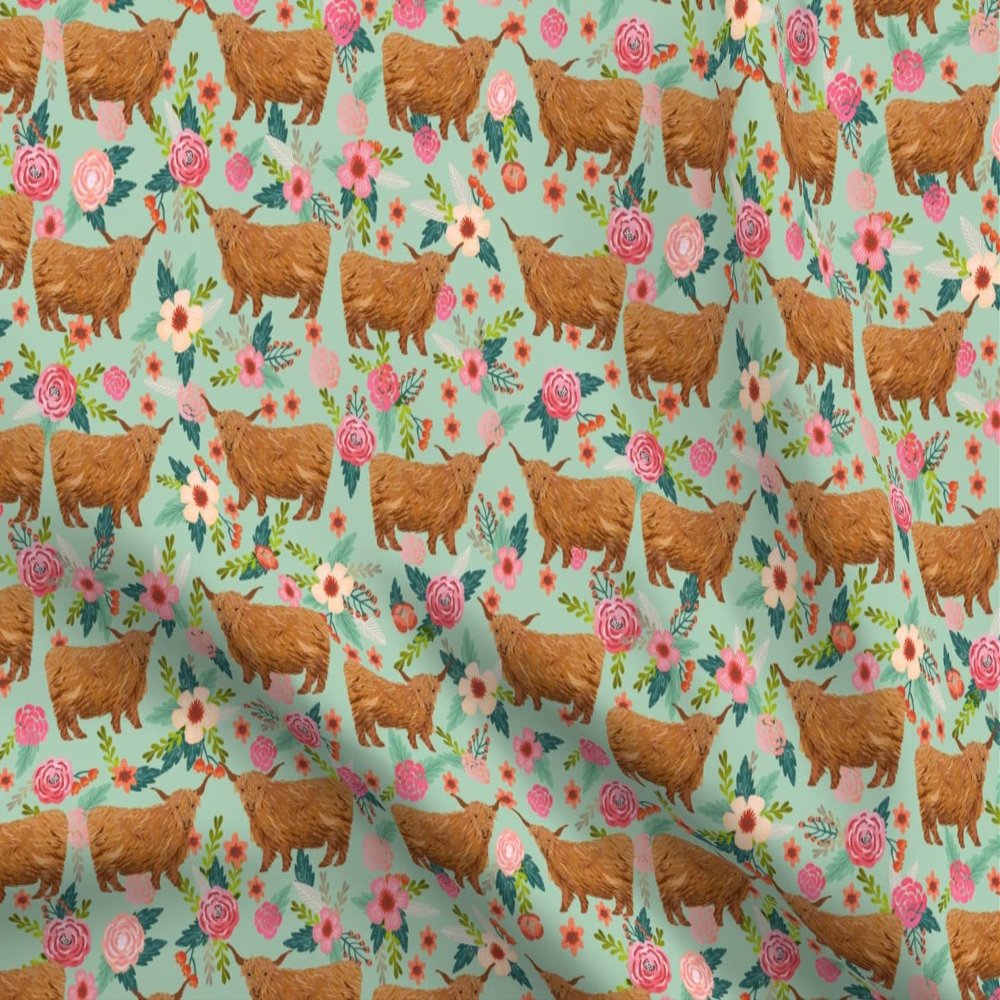 Spoonflower Fabric - Large Highland Cattle Floral Cow Cows Farm Florals Scotland Animals Printed on Polartec(R) Fleece Fabric Fat Quarter - Sewing Blankets Loungewear and No-Sew Projects
