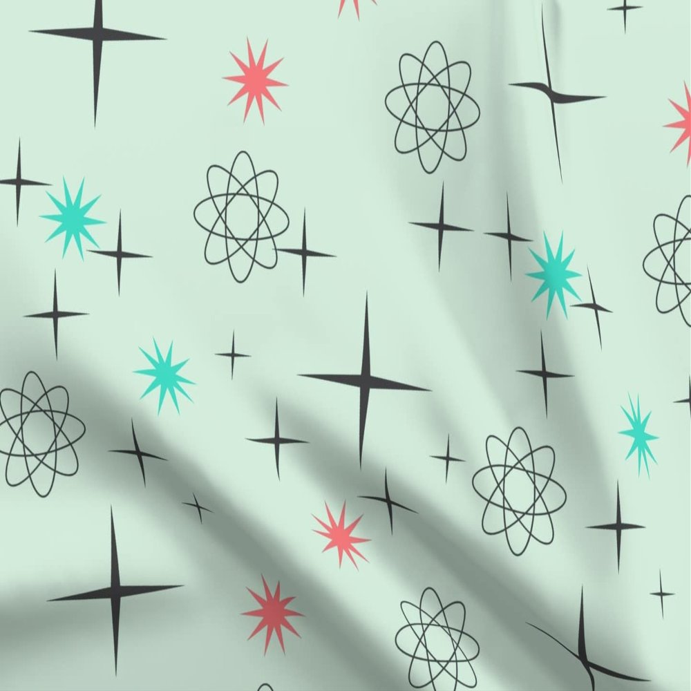 Spoonflower Fabric - Atomic Mint Mid Century Modern Retro Stars Science Printed on Polartec(R) Fleece Fabric Fat Quarter - Sewing Blankets Loungewear and No-Sew Projects