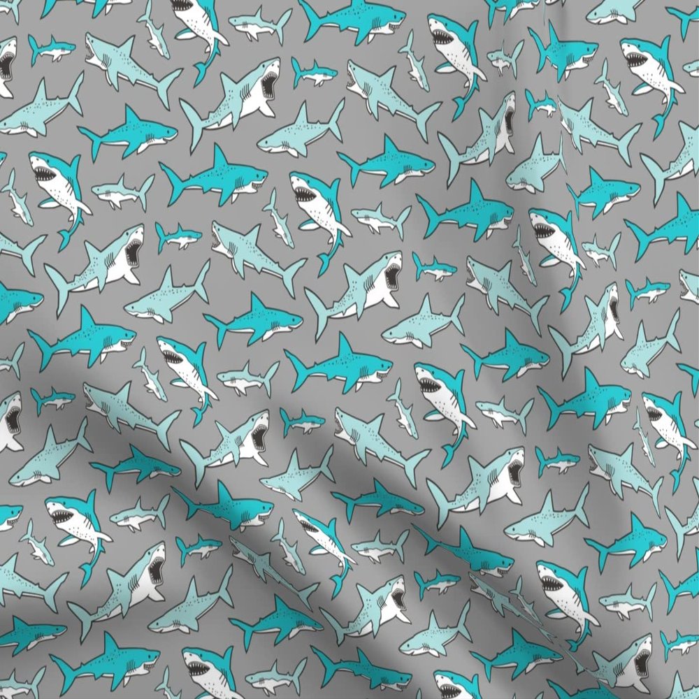 Spoonflower Fabric - Sharks Shark Aqua Blue Gray Nautical Ocean Sea Life Fish Bull Great Printed on Polartec(R) Fleece Fabric Fat Quarter - Sewing Blankets Loungewear and No-Sew Projects
